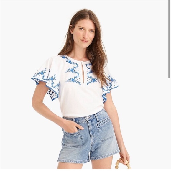 J. Crew Flutter Sleeve Blouse with Blue Embroidery - Picture 1 of 5